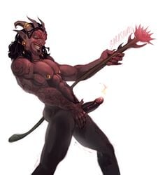 barasaurus bethesda_softworks daedra daedric_prince deity demon genitals holding_object holding_penis holding_staff holding_weapon horn humanoid male male_solo
male_only muscular muscular_male nipple_piercing nipples penis piercing sanguine solo staff standing the_elder_scrolls video_games weapon