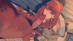 1girls 3d armor aura blowjob breasts breasts_out burgundy_hair celica_(fire_emblem) corruption diadem fellatio fire_emblem fire_emblem_echoes:_shadows_of_valentia fringe hands_on_hips licking_penis nintendo nipples oral purple_aura red_eyes sgt_foot tongue_out