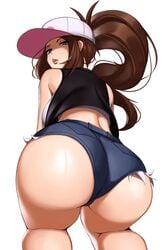 1girls 2021 ass ass_focus ass_shot black_vest blue_eyes booty_shorts breasts female female_only hat headwear hilda_(pokemon) huge_ass human jean_shorts kevbot large_breasts long_ponytail looking_at_viewer looking_back nintendo pale_skin pokemon pokemon_bw ponytail short_shorts shorts simple_background thick_thighs thighs tongue tongue_out white_background white_hat white_shirt