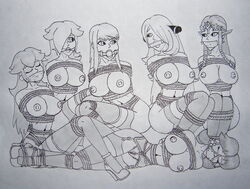 6girls ball_gag bit_gag bondage bound breasts cloth_gag crossover crotch_rope cynthia_(pokemon) female femsub gag gagged high_heels human human_only mario_(series) metroid monochrome multiple_girls multiple_subs nintendo nipples panel_gag pokemon princess_daisy princess_peach princess_rosalina princess_zelda pubic_hair raver1357 restrained rope rope_bondage samus_aran straight_hair tape_gag taped_mouth the_legend_of_zelda thighhighs tied_up twilight_princess zelda_(twilight_princess)