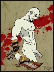 1boy big_muscles god_of_war human kratos male male_only nude penis red_bones side_view solo standing tagme white_skin