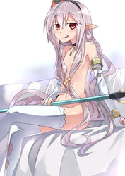 :q akatoro_(nightlord) braid bridal_gauntlets censored choker convenient_censoring cross female flat_chest grey_hair hair_censor legs_crossed licking_lips long_hair navel noel_(sennen_sensou_aigis) open_mouth pointy_ears red_eyes rosary sennen_sensou_aigis smile solo staff thighhighs tongue tongue_out very_long_hair