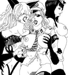 3girls artist_request breast_grab breasts domino_(one_piece) female female_only human lipstick monochrome multiple_females nico_robin nipples one_piece pre-timeskip pubic_hair sadi-chan sadi_(one_piece) straight_hair yuri