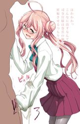 1boy ahoge aya_shachou blush clothes_penetration clothesjob cum cum_in_clothes cum_through_clothes ejaculation female glasses handjob kantai_collection long_hair makigumo_(kantai_collection) open_mouth outercourse pantyhose penis pink_hair school_uniform skirt sleeves_past_wrists solo_focus straight sweaterjob tears text translation_request yellow_eyes