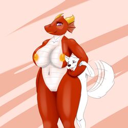 2017 anthro breasts canine digital_media_(artwork) dragon duo female fur hi_res jax_bline large_breasts larger_female male mammal nikki_emberson nipples nude nukenugget scalie size_difference smaller_male smile