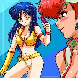 2girls artist_request blue_hair breasts dark-skinned_female dark_skin dirty_pair female gloves hair headband human kei_(dirty_pair) light-skinned_female light_skin long_hair multiple_girls pussy red_hair short_hair tomboy yuri_(dirty_pair)