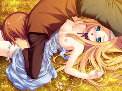 4:3 blonde_hair blue_eyes blush boku_no_te_no_naka_no_rakuen breasts cunnilingus game_cg long_hair oral