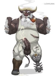 ahab_(tokyo_afterschool_summoners) amputee anthro balls beard big_penis bottomless bulge clothed clothing cum erection facial_hair furry hat horn huff lovkuma male male_only moustache pegleg penis pipe sailor scar smoking tokyo_afterschool_summoners uncut water_buffalo