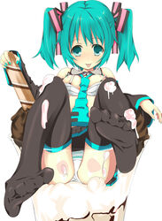 aqua_eyes aqua_hair bra bra_pull breasts detached_sleeves feet food girl_in_food hatsune_miku ice_cream in_food legs lingerie messy minaminotuki-natuki minigirl natsuki_yuu necktie nipples panties parfait pov_feet simple_background sitting skirt thighhighs tied_hair tongue twintails underwear vocaloid