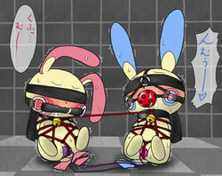 anthro arms_behind_back ball_gag bdsm bell_collar bit_gag blindfold blush bondage collar color drool drooling female female_only forced forced_vibrator gag harness heavy_blush minun multiple_females multiple_girls nintendo plusle pokemon pokemon_(species) pokemon_only pussy restrained rope sex_slave sweat text trembling vibrator