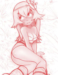 ankama ass blush breasts cleavage clothed female female_only flower fluffy_(artist) hair_between_eyes hair_flower hair_ornament long_hair medium_breasts miniskirt monochrome princess_amalia_sheran_sharm sadida sitting sketch skirt smile solo tube_top very_long_hair wakfu