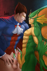 2boys capcom clothing cum darkstalkers demitri_maximoff frottage gay male male_only muscles muscular muscular_male penis rikuo shanaou shanaou uncut vampire yaoi