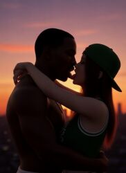 1boy1girl 1girl1boy 3d ai_art ai_generated arm_around_neck arms_around_neck arms_around_waist asian_female backwards_baseball_cap backwards_cap backwards_hat basketball basketball_(ball) basketball_jersey basketball_shorts black_male body_on_body booty_shorts cap carl_johnson choker close close_to_partner couple couple_(romantic) couple_love crazy_about_each_other crossover dark-skinned_male dead_or_alive eastern_and_western_character evening french_kiss french_kissing gangster ghetto gold_jewelry graffiti graffiti_on_wall grand_theft_auto grand_theft_auto:_san_andreas hand_on_body hands_on_waist hat holding holding_partner hug hugging hugging_another hugging_partner in_love interracial jewelry kasumi_(doa) kiss kissing koei_tecmo kunoichi light-skinned_female long_hair los_santos love lovers loving_couple making_out muscles muscular_male ninja ninja_gaiden open_mouth open_mouth_kiss rockstar_games romance romantic romantic_ambiance six_pack socks sunset team_ninja tongue tongue_kiss tongue_out wowzerspowzers