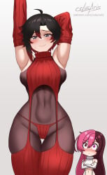 2girls arms_up big_breasts black_stockings body_stocking cslucaris embarrassed embarrassed_expression hands_behind_head leggings neo_(rwby) neopolitan_(rwby) red_sweater ruby_rose rwby virgin_destroyer_sweater viz_media white_background