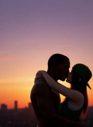 1boy1girl 1girl1boy 3d ai_art ai_generated arm_around_neck arms_around_neck arms_around_waist asian_female backwards_baseball_cap backwards_cap backwards_hat basketball basketball_(ball) basketball_jersey basketball_shorts black_male body_on_body booty_shorts cap carl_johnson choker close close_to_partner couple couple_(romantic) couple_love crazy_about_each_other crossover dark-skinned_male dead_or_alive eastern_and_western_character evening gangster ghetto gold_jewelry graffiti graffiti_on_wall grand_theft_auto grand_theft_auto:_san_andreas hand_on_body hands_on_waist happy_ending hat holding holding_partner hug hugging hugging_another hugging_partner in_love interracial jewelry kasumi_(doa) kiss kissing kissing_lips koei_tecmo kunoichi light-skinned_female long_hair los_santos love lovers loving_couple muscles muscular_male ninja ninja_gaiden rockstar_games romance romantic romantic_ambiance six_pack socks sunset team_ninja wowzerspowzers