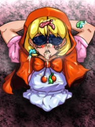 1girls after_oral after_sex ahe_gao armpit_showing arms_behind_back b.b._hood baby_bonnie_hood blindfold blonde_hair body_writing bulleta capcom condom cum cum_filled_condom cum_in_mouth cumdump darkstalkers facing_viewer nose_hook oppaotintin red_hood stuck_in_wall sweat textless tounge_out