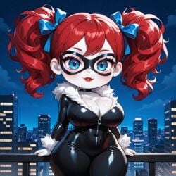 urikoito ai_generated pixai poppy_playtime poppy_(poppy_playtime) black_cat_(cosplay) cityscape night night_sky blush blue_eyes freckles freckles_on_face white_skin red_hair curly_hair bodysuit zipper fur_collar cleavage breasts shortstack big_breasts thick_thighs thighs wide_hips hips hips_wider_than_shoulders smile smiling smiling_at_viewer lipstick red_lipstick domino_mask tagme
