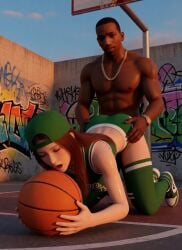 1boy1girl 1girl1boy 3d ai_art ai_generated asian_female ass_up backwards_baseball_cap backwards_cap backwards_hat basketball basketball_(ball) basketball_court basketball_hoop basketball_jersey basketball_shorts bending_over black_male booty_shorts cap carl_johnson choker couple couple_(romantic) crossover dark-skinned_male dead_or_alive doggy_position doggy_style_position eastern_and_western_character evening gangster ghetto gold_jewelry graffiti graffiti_on_wall grand_theft_auto grand_theft_auto:_san_andreas grinding grinding_through_clothes hat holding_basketball holding_partner holding_waist interracial jewelry kasumi_(doa) knees_on_floor koei_tecmo kunoichi light-skinned_female long_hair looking_at_partner looking_down_at_partner los_santos moan moaning moaning_in_pleasure moist mouth_open muscles muscular_male ninja ninja_gaiden on_fours pleasure_face pleasured rockstar_games six_pack socks sunset sweat sweaty sweaty_body team_ninja they_playing_basketball wet wet_body wowzerspowzers