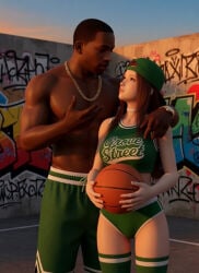 1boy1girl 1girl1boy 3d ai_art ai_generated arm_around_partner arm_around_shoulder asian_female backwards_baseball_cap backwards_cap backwards_hat basketball basketball_(ball) basketball_court basketball_jersey basketball_shorts black_male booty_shorts cap carl_johnson choker couple couple_(romantic) crossover dark-skinned_male dead_or_alive eastern_and_western_character evening explaining gangster ghetto gold_jewelry graffiti graffiti_on_wall grand_theft_auto grand_theft_auto:_san_andreas hat holding_basketball interracial jewelry kasumi_(doa) koei_tecmo kunoichi light-skinned_female long_hair looking_at_another looking_at_partner looking_down_at_partner looking_up_at_partner los_santos muscles muscular_male ninja ninja_gaiden rockstar_games six_pack socks sunset teaching team_ninja wowzerspowzers