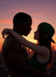1boy1girl 1girl1boy 3d ai_art ai_generated arm_around_neck arms_around_neck arms_around_waist asian_female backwards_baseball_cap backwards_cap backwards_hat basketball basketball_(ball) basketball_jersey basketball_shorts black_male body_on_body booty_shorts cap carl_johnson choker close close_to_partner couple couple_(romantic) couple_love crazy_about_each_other crossover dark-skinned_male dead_or_alive eastern_and_western_character evening gangster ghetto gold_jewelry graffiti graffiti_on_wall grand_theft_auto grand_theft_auto:_san_andreas hand_on_body hands_on_waist hat holding holding_partner hug hugging hugging_another hugging_partner in_love interracial jewelry kasumi_(doa) koei_tecmo kunoichi light-skinned_female long_hair looking_at_another looking_at_partner los_santos love lovers loving_couple loving_gaze loving_look muscles muscular_male ninja ninja_gaiden rockstar_games romance romantic romantic_ambiance six_pack socks staring_at_another sunset team_ninja wowzerspowzers
