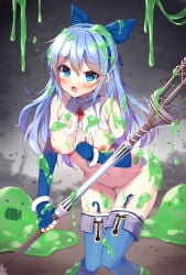 mauve 1girl original breasts nipples large_breasts long_hair straight_hair blue_hair hair_ribbon clothed robe breasts_out blush torn_clothes torn_clothing melted_clothes boots knee_boots staff magic_wand magic_staff slime slime_on_body slime_on_breasts highres pussy