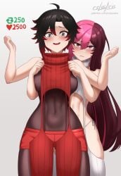2girls alternate_costume alternate_costume_color artist_name big_breasts brown_hair cslucaris embarrassed embarrassed_female grey_eyes heterochromia highlights_(coloring) large_breasts long_hair neo_(rwby) repost ruby_rose rwby short_hair split-color_hair surprised_expression virgin_destroyer_sweater viz_media watermark