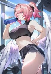 1girls 2026 ai_generated alternate_costume belly_button big_ass big_breasts big_butt big_thighs black_shorts black_topwear female female_focus female_only gym holding_object hoyoverse lunealter mature_female medium_hair midriff mihoyo pale-skinned_female pale_skin partially_clothed pink_eyes pink_hair pink_nails ponytail ramiel_(zenless_zone_zero) remielle_(zenless_zone_zero) remielle_dan sfw sweat thick_ass thick_butt thick_hips thick_legs thick_thighs tied_hair tired white_wings zenless_zone_zero
