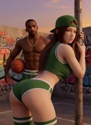 1boy1girl 1girl1boy 3d ai_art ai_generated asian_female ass back_view backwards_baseball_cap backwards_cap backwards_hat basketball basketball_(ball) basketball_court basketball_hoop basketball_jersey basketball_shorts black_male booty booty_shorts cap carl_johnson couple couple_(romantic) crossover dark-skinned_male dat_ass dead_or_alive eastern_and_western_character evening gangster ghetto gold_jewelry graffiti graffiti_on_wall grand_theft_auto grand_theft_auto:_san_andreas hat holding_basketball holding_pole interracial jewelry kasumi_(doa) koei_tecmo kunoichi leaning leaning_forward leaning_on_pole light-skinned_female long_hair looking_at_partner looking_at_viewer los_santos muscles muscular_male ninja ninja_gaiden posing posing_for_the_viewer pout pouting rockstar_games six_pack socks sunset team_ninja they_playing_basketball wowzerspowzers