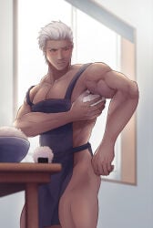 1boy apron apron_only archer_(fate) armpit_hair armpits biceps blurry_background blush breasts collarbone cooking dark_skin depth_of_field dirty embarrassed fate/grand_order fate_(series) food food_play frown gay hal_(harenchiou) hi_res indoors male male_only manly mature_male moobs morning muscles muscular muscular_arms muscular_legs muscular_male muscular_thighs no_visible_genitalia onigiri pecs pelvic_curtain practically_nude quadriceps rice rice_ball short_hair slicked_back_hair solo standing sweat sweatdrop table unhygienic white_hair window yaoi