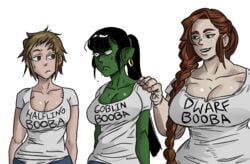 3girls bb_(baalbuddy) big_breasts black_hair booba_(meme) clothing color colored dwarf dwarf_female fanart female freckles goblin goblin_female green_skin halfling halfling_female huge_breasts pale_skin red_hair shortstack tshirt