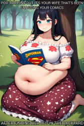 1girls ai_generated bbw black_hair blouse blue_eyes chubby chubby_female dc_comics english_text fat female floral_pattern floral_print floral_print_dress forest frilled_skirt grass happy huge_breasts long_hair maaya_(nastehbech) meme nastehbech original original_character outdoors outside polka_dot reading reading_book shaded smile smiling tree wholesome