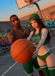1boy1girl 1girl1boy 3d ai_art ai_generated asian_female backwards_baseball_cap backwards_cap backwards_hat basketball basketball_(ball) basketball_court basketball_hoop basketball_jersey basketball_shorts black_male booty_shorts cap carl_johnson choker couple couple_(romantic) crossover dark-skinned_male dead_or_alive eastern_and_western_character evening gangster ghetto gold_jewelry graffiti graffiti_on_wall grand_theft_auto grand_theft_auto:_san_andreas hat holding_basketball holding_object interracial jewelry kasumi_(doa) koei_tecmo kunoichi light-skinned_female long_hair los_santos muscles muscular_male ninja ninja_gaiden reaching_for_object reaching_out rockstar_games six_pack socks sunset team_ninja they_playing_basketball wowzerspowzers