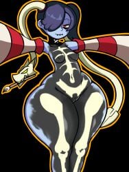 blue_hair blue_skin bodypaint hummerh194 leviathan_(skullgirls) paintbrush ponytail pussy red_eyes skeleton_(marking) skullgirls smile squigly thick_thighs zombie_girl