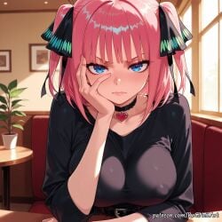 1girl 2026 ai_generated anime bangs belt black_choker black_ribbon black_shirt blue_eyes blunt_bangs blush boobs breasts butterfly_hair_ornament choker cleavage closed_mouth collarbone covered_nipples crossover eye_contact female female_focus flushed frown go-toubun_no_hanayome hair_accessory hair_ornament hair_ribbon hand_on_own_cheek hand_on_own_face head_rest heart heart_choker highres huge_breasts indoors inside large_breasts light_particles long_sleeves looking_at_viewer medium_hair nakano_nino neutral_expression nsfw patreon patreon_logo patreon_username pink_hair plant ribbon rognezart shirt short_hair sitting solo table two_side_up upper_body v-shaped_eyebrows watermark window