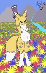 5:8 bandai_namco belly breasts chest_tuft clothed clothing digimon digimon_(species) female flamingazalea fluffy fluffy_chest hi_res meadow mountain nipples nude outside pregnant renamon stretching topless tuft