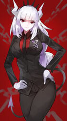 1girls 2021 big_breasts black_jacket black_necktie black_pants breasts business_suit chains crown demon_horns demon_tail female female_only fully_clothed gloves helltaker hi_res high_resolution highres horns jacket kataku_musou long_hair looking_at_viewer lucifer_(helltaker) necktie pants red_background red_eyes red_shirt shirt simple_background suit tail thighs tight_clothing tight_pants tight_suit white_gloves white_hair