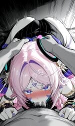 1boy 1boy1girl 1girl 1girls ai_generated ass blowjob blushin citlali_(genshin_impact) crying deepthroat genshin_impact head_grab impacter masochism masochist nose_blush pov pov_blowjob pov_male red_face teary_eyes