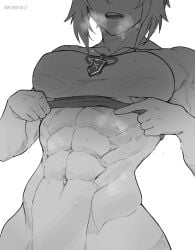 1girls abs fate/grand_order fate_(series) female female_focus female_only fit_female lifting_shirt mendo0821 mordred_(fate) muscular muscular_female small_breasts solo_female steamy_breath sweat sweatdrop tomboy top_view white_background wide_hips