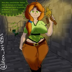 alex_(minecraft) zombie_(minecraft) minecraft dialogue big_breasts huge_breasts wide_hips nipple_bulge big_boobs huge_cock smaller_male alexx_art spanish_text spanish_dialogue