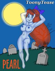 blue_skin bow female ghost ghost_girl graveyard hands_behind_head harvey_comics large_breasts long_hair moon nude red_hair solo toonytease very_long_hair