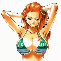 1:1 1girls accurate_body_type adjusting_hair ai_generated arm_tattoo armpits arms_behind_head arms_up bangle big_breasts bikini bikini_top bikini_top_only bracelet breast_focus breasts brown_eyes busty clavicle cleavage closed_mouth clothing collarbone curvaceous curvy dripping dripping_wet earrings fanart female female_focus female_only forehead front_view green_bikini green_bikini_top hair_slicked_back hand_in_own_hair hands_in_hair hands_on_own_head hands_up high_resolution highres huge_breasts jewelry large_breasts light-skinned_female light_skin log_pose long_hair looking_at_viewer manga_style nami_(one_piece) narrow_waist one_piece orange-haired_female orange_eyes orange_hair pearl_earrings shiny_hair shiny_skin shoulder_tattoo simple_background slicked_back_hair smile solo solo_female solo_focus standing striped_bikini swimsuit tattoo thin_eyebrows tite_kubo_style underboob upper_body v-shaped_eyebrows water_drop wet wet_body wet_hair wet_skin white_background