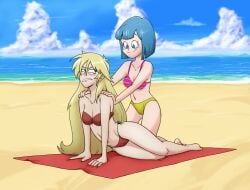 2girls angry annoyed anoneysnufftan applying_sunscreen arm_support beach beach_towel bikini blonde_hair blue_eyes blue_hair bulma_briefs bulma_briefs_(androids'_saga) dragon_ball embarrassed female female_only glaring green_eyes hands_on_shoulders humiliation imminent_death killer_lotion kneeling leaning long_hair looking_back mannysdirt massage murder ocean peril punishment rubbing sand seaside sherry_leblanc short_hair sky snuff summer sunbathing swimsuit towel water yu-gi-oh! yu-gi-oh!_5d's