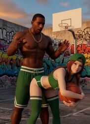 1boy1girl 1girl1boy 3d ai_art ai_generated asian_female ass_on_crotch backwards_baseball_cap backwards_cap backwards_hat basketball basketball_(ball) basketball_court basketball_hoop basketball_jersey basketball_shorts bending_forward bending_over bent_over black_male booty_shorts cap carl_johnson choker couple couple_(romantic) crossover dark-skinned_male dead_or_alive eastern_and_western_character evening gangster ghetto gold_jewelry graffiti graffiti_on_wall grand_theft_auto grand_theft_auto:_san_andreas grinding grinding_through_clothes hat holding_basketball holding_object hugging_object interracial jewelry kasumi_(doa) koei_tecmo kunoichi light-skinned_female long_hair looking_down looking_down_at_partner los_santos muscles muscular_male ninja ninja_gaiden rockstar_games six_pack smirk socks sunset surprised team_ninja teasing teasing_with_butt they_playing_basketball wowzerspowzers