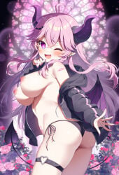 1girl blush breasts breasts_out clothed colored_nails crotch_tattoo demon_girl demon_horns demon_tail demon_wings devil devil_girl devil_horns devil_tail devil_wings garter hoodie horns large_breasts long_hair mauve nipples open_shirt original panties pink_hair pointy_ears side-tie_panties sideboob small_but_busty straight_hair succubus tattoo tied_hair wings