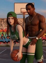 1boy1girl 1girl1boy 3d ai_art ai_generated asian_female ass_on_crotch backwards_baseball_cap backwards_cap backwards_hat basketball basketball_(ball) basketball_court basketball_hoop basketball_jersey basketball_shorts black_male booty_shorts cap carl_johnson choker couple couple_(romantic) crossover dark-skinned_male dead_or_alive eastern_and_western_character evening gangster ghetto gold_jewelry grabbing_from_behind grabbing_hips graffiti graffiti_on_wall grand_theft_auto grand_theft_auto:_san_andreas grinding grinding_through_clothes hat holding_ass holding_basketball holding_hips holding_object holding_partner interracial jewelry kasumi_(doa) koei_tecmo kunoichi leaning_forward light-skinned_female long_hair looking_at_partner looking_back los_santos mouth_open muscles muscular_male ninja ninja_gaiden rockstar_games six_pack socks sunset surprised team_ninja they_playing_basketball wowzerspowzers