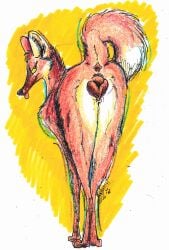 2026 anatomically_correct anatomically_correct_genitalia anatomically_correct_vulva animal_genitalia animal_vulva anus bedroom_eyes brown_anus brown_body brown_fur brown_vulva butt canid canine canine_genitalia canine_vulva crayon_(artwork) female feral fur genitals hi_res mammal maned_wolf marker_(artwork) mixed_media multicolored_body multicolored_fur narrowed_eyes orange_body orange_fur paws presenting presenting_hindquarters presenting_vulva raised_tail regsmutt seductive simple_background solo tail tongue tongue_out traditional_media_(artwork) vulva white_body white_fur yellow_background