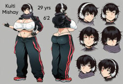 asian asian_female 1girls 1female black_hair jonnidabun muscular muscular_female abs baggy_pants red_eyes voluptuous curvy curvaceous original original_character ass ai_generated character_sheet kuiti_(jonnidabun) crop_top jacket black_jacket unzipped_jacket headphones novelai muscle_mommy