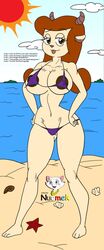 anthro anthro_only beach bikini breasts brown_hair chun-ni clouds digital_drawing_(artwork) digital_media_(artwork) fur furry furry_only goat goat_horns hi_res horn long_hair milf miracle_star nuemek ocean purple_bikini sand sun twitter_username violet_bikini waifu2x