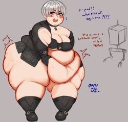 1boy ass belly bhm big_ass big_breasts big_moobs blue_eyes blush breasts fat fat_femboy grey_background huge_belly large_breasts light-skinned_male light_skin male male_only megamilkwhite moobs morbidly_obese nier nier:_automata obese overweight rapid_weight_gain ripped_clothing short_hair solo standing thick_thighs torn_clothes white_hair yorha_9s