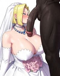 dragon_ball dragon_ball_z dragon_ball_super android_18 ai_generated 1girls 1boy 1girl oral blonde_hair blue_eyes white_skin interracial dark_skin dark-skinned_male saliva saliva_trail blush blushing queen_of_spades wedding_dress earrings necklace jewelry breasts big_breasts large_breasts huge_breasts massive_breasts nipple_bulge hands-free light_skin light-skinned_female female male sortsco kissing_penis kissing kiss